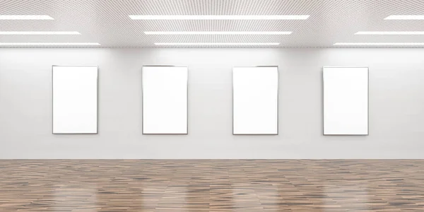 Big white bright loft room architecture render 3d illustration with shiny wooden floor and white textured walls with empty space for your content. day light high key lighting and empty blank picture frameson the wall to add your content