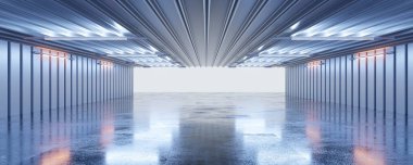 karanlık soyut beton ve lehimlenmiş metal çelik hangar salonu endüstriyel tasarımı 3D fütüristik ışıklandırma