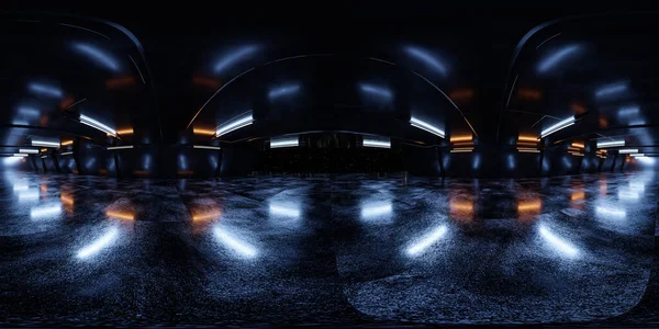 360 vollständige equirectangular panorama schwarz futuristische Spiegelarchitektur Raumschiff-Technologie 3D-Rendering-Illustration — Stockfoto