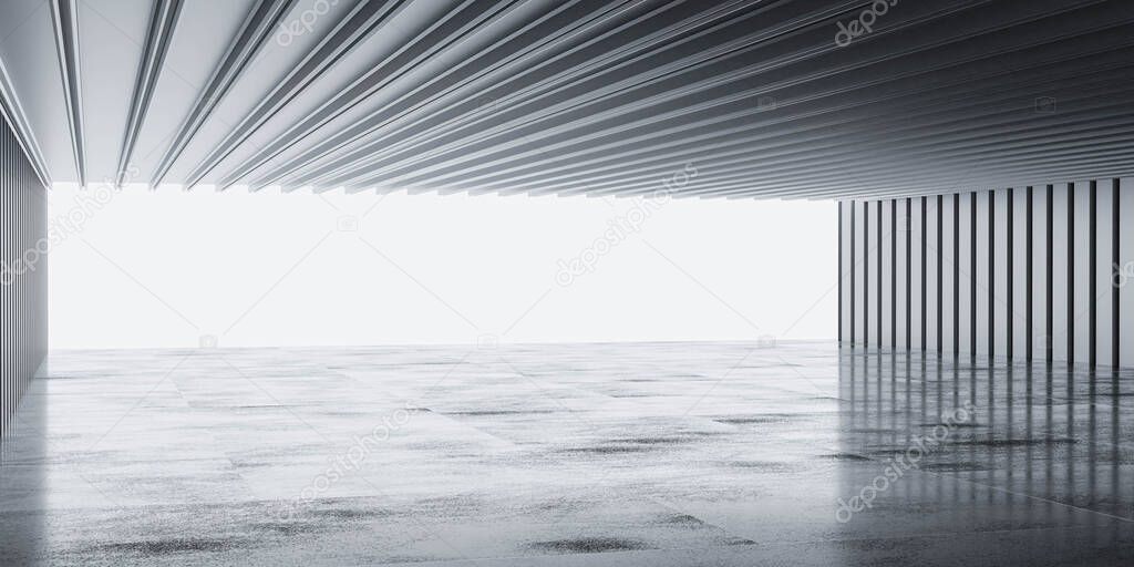 dark abstract concrete and soldered metal steel hangar hall industrial design 3d rendering