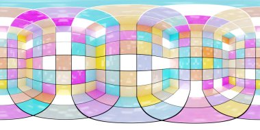 Tam 360 derece eşdörtgen panorama hdri renkli modern fütüristik teknoloji binası iç tasarım 3D resimleme