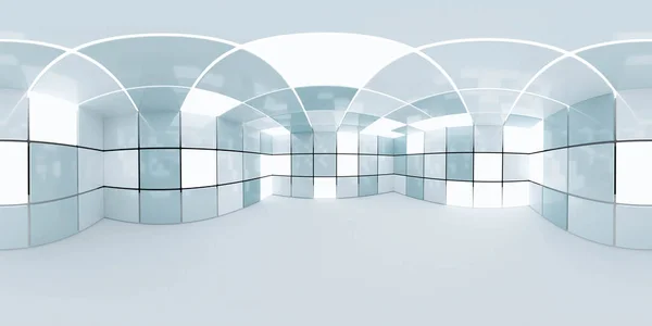 Modern fütüristik teknoloji binasının tam 360 derecelik eşdörtgen panorama hdri iç mimari 3D resimleme mavi karolar ile