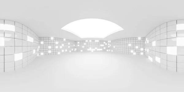 Modern fütüristik beyaz teknoloji binasının tam 360 derecelik eşdörtgen panorama hdri iç mimari çizimi — Stok fotoğraf
