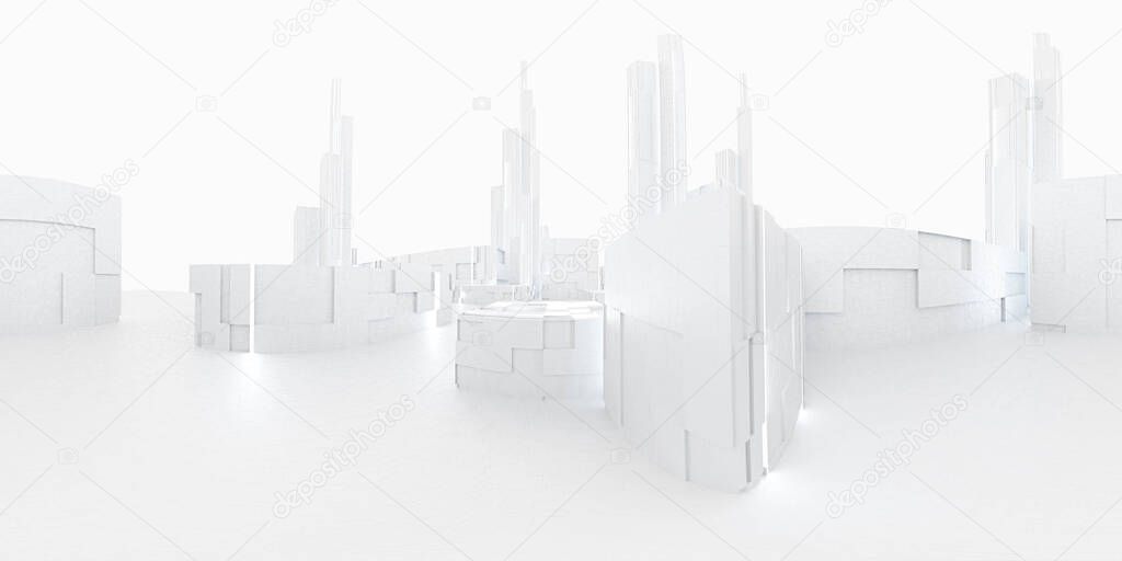 Full 360 equirectangular spherical panorama view of modern futuristic technology building architecture 3d rendering illustration