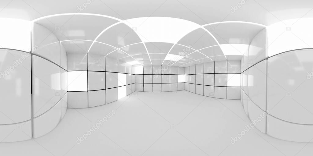 Full 360 degree equirectangular panorama hdri of modern futuristic white technology building interior 3d render illustration