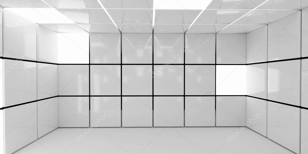 White brick tile room high key lighting 3d illustration rendering.