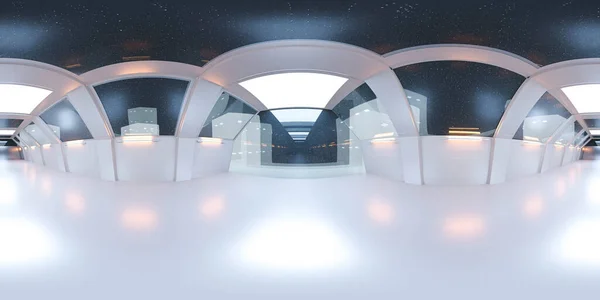 Tam 360 panorama uzay gemisi koridoru beyaz fütüristik tasarım ve yansıtmalı 3D resimleme