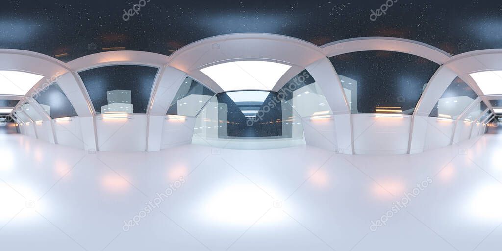 full 360 panorama space ship corridor with white futuristic design and reflections 3d rendering illustration
