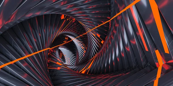 Αφηρημένη φουτουριστική τεχνολογία μέταλλο γεωμετρικά σχήματα με κόκκινα λαμπερά φώτα 3d απόδοση εικονογράφηση — Φωτογραφία Αρχείου