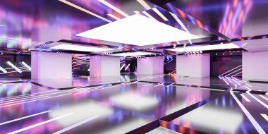 360 tam eşdörtgen panorama koyu soyut yansıtıcı salon fütüristik neon ışıklandırma 3D resimleme