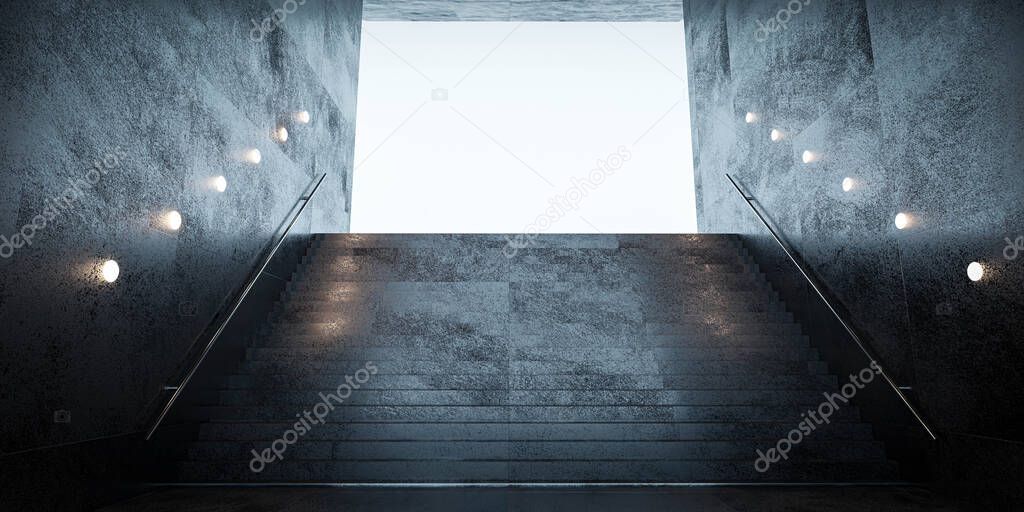 dark abstract concrete stairs with artificial light and daylight modern architecture rendering 3d illustration