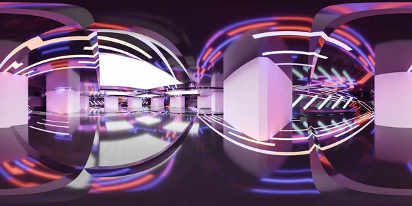 360 tam eşdörtgen panorama koyu soyut metal salonu fütüristik ışıklandırma 3D resimleme