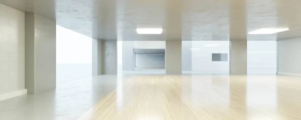 Big white bright loft room architecture render 3d illustration with shiny wooden floor and daylight background