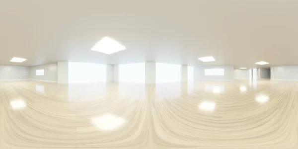 흰 벽이 있는 빈 방과 나무로 된 실내 3d 렌더링 그림 360 사각형 파노라마 — 스톡 사진