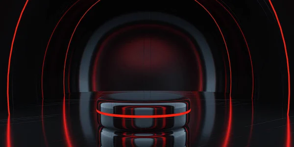 Σκούρο σύγχρονο φουτουριστικό περίπτερο σχεδιασμό προϊόν βιτρίνα βάθρο κενό κενό περίπτερο με λαμπερό κόκκινο φως 3d απόδοση εικονογράφηση — Φωτογραφία Αρχείου