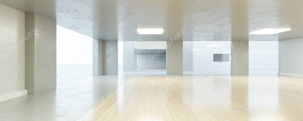 Big white bright loft room architecture render 3d illustration with shiny wooden floor and daylight background