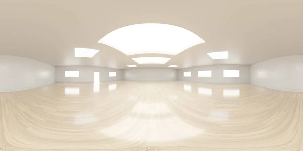 Άδειο δωμάτιο με λευκούς τοίχους και ξύλινο δάπεδο εσωτερικό 3d απόδοση εικονογράφηση 360 equiορθογώνιο πανόραμα — Φωτογραφία Αρχείου