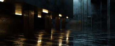 Koyu endüstriyel grunge mimarisi. Beton binalar ve yapay ışıklandırma ile üç boyutlu çizim.