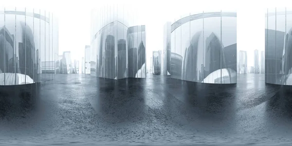 Αφηρημένο 3d μοντέλο καθιστούν εικόνα vr hdr στυλ equiορθογώνιο πανόραμα της πόλης με ουρανοξύστες και τον ουρανό — Φωτογραφία Αρχείου