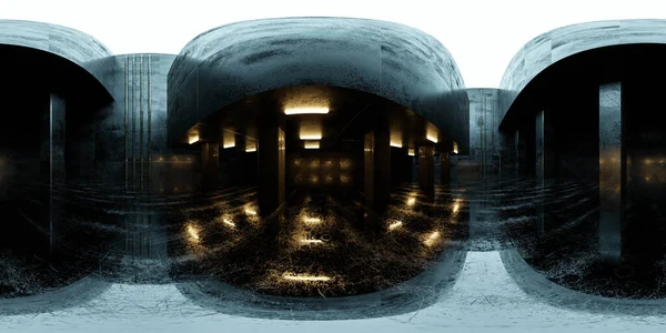 Esférico completo 360 vr grados hdr estilo panorama oscuro industrial grunge arquitectura 3d render ilustración —  Fotos de Stock