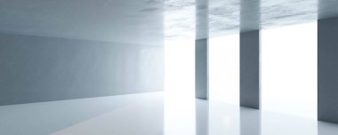 Büyük pencereli ve 3 boyutlu güneş ışığı mimarisi resimli soyut boş çatı katı tarzı beton oda