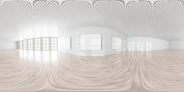 Άδειο δωμάτιο με λευκούς τοίχους γκαλερί τέχνης τοίχο με άδεια πλαίσια εικόνα3d καθιστώντας εικονογράφηση 360 equiορθογώνιο πανόραμα — Φωτογραφία Αρχείου