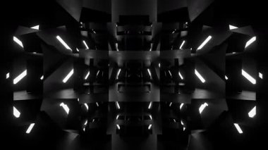 Siyah beyaz parlayan ışıklarla soyut geometrik tünelin canlandırması.
