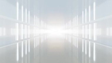 Parlak dikey ışıkları ve yansıtıcı zemini olan fütürist beyaz koridorun döngü animasyonu.