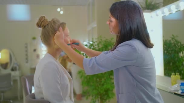 Ένα make-up κορίτσι βάζει μακιγιάζ σε μια ξανθιά, δύο κορίτσια κάνουν μακιγιάζ, ένας επαγγελματίας καλλιτέχνης μακιγιάζ στη διαδικασία, ένα επαγγελματικό μακιγιάζ από μια μελαχρινή — Αρχείο Βίντεο