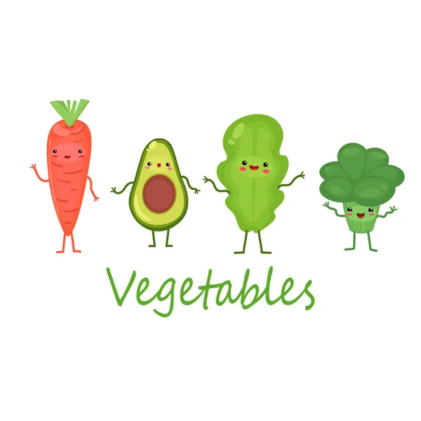 Ilustracja Wektorowa Zabawnymi Warzywami Awokado Marchewka Sałata Brokuły Kreskówkowy Płaski — Wektor stockowy