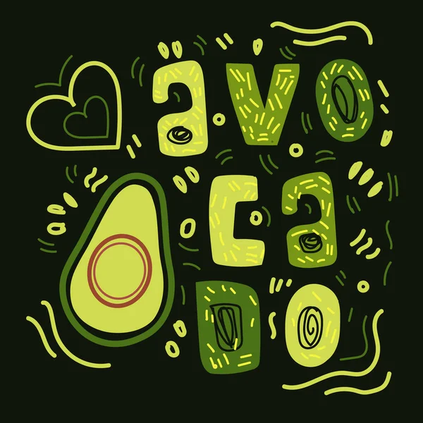 Ilustrasi Vektor Dengan Tulisan Alpukat Dan Simbol Sayuran Doodle Gaya - Stok Vektor