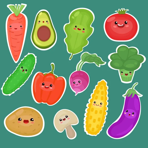 Векторная Иллюстрация Смешными Овощами Авокадо Морковь Салат Брокколи Мультфильм Плоский — стоковый вектор