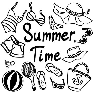 Bir dizi vektör çizimi, yazı karalama ekibi ve harfler. Yaz zamanı. moda aksesuarlar.