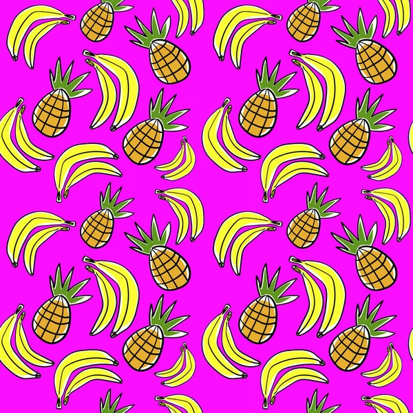 Nahtloses Vektormuster Mit Banane Und Ananas Auf Rosa Hintergrund — Stockvektor