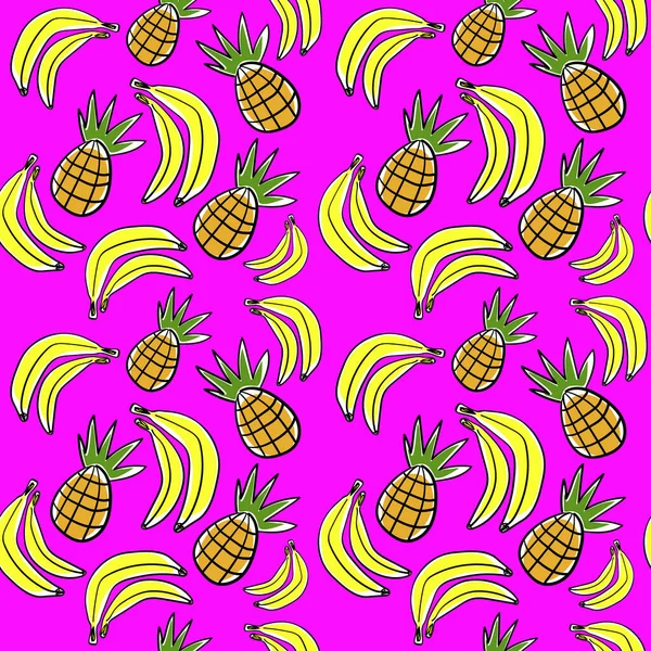 Pembe arka planda muz ve ananas desenli kusursuz vektör deseni.  