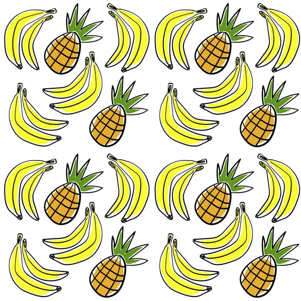 Nahtloses Vektormuster Mit Banane Und Ananas Auf Weißem Hintergrund Gestaltung — Stockvektor