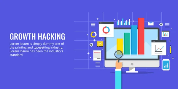 Hacking, iş geliştirme, veri çözümleme, bilgi tabanlı pazarlama, iş büyüme modern kavramını büyüme. Düz tasarlamak vektör.