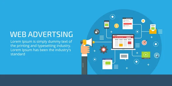 Web advertising, digital media ads, an advertisement showing on a website, online business promotion, internet marketing concept. Flat design vector banner.