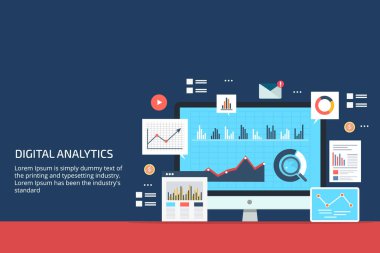 Dijital analytics, Web sitesi veri analizi, bilgi, büyük veri, pazarlama ve belgeleri, düz tasarım vektör çizim ile bilgisayar ekranında gösterilen bir iş raporu.
