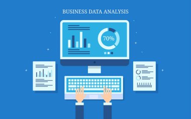 İş veri analizi, iş verilerini bilgisayara, online veri analytics düz tasarım vektör afiş analiz