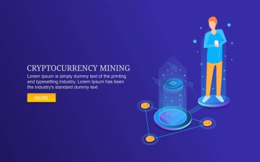 Madencilik, blok zinciri, dijital para, kripto pazarlama düz 3d izometrik afiş mavi arka plan kripto para birimi
