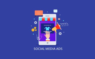 Social media ads, ad displaying on smart phone screen, ad popups on mobile flat design vector with icons clipart