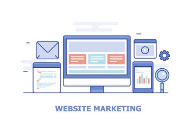 Web analytics, Web sitesi kodlama, kavramı planı düz çizgi vektör çizim beyaz arka plan üzerinde pazarlama
