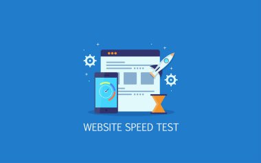 Web sitesi hız testi, performans üzerinde mavi arka plan düz tasarlamak vektör izole yükleme Web sitesi