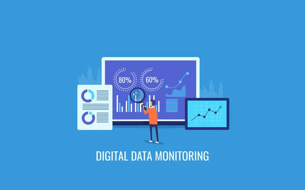 Affärsman Analysera Data Digital Data Övervakning Visar Data Graph Platt — Stock vektor