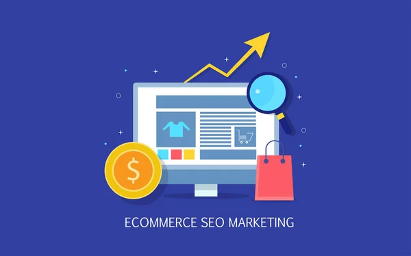E-ticaret Seo, E-ticaret pazarlama, Online alışveriş web sitesi düz tasarımı vektör olarak izole mavi arka plan