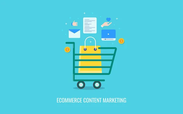 Marketing Conteúdo Ecommerce Compras Line Conceito Vetor Linha Fina Fundo — Vetor de Stock