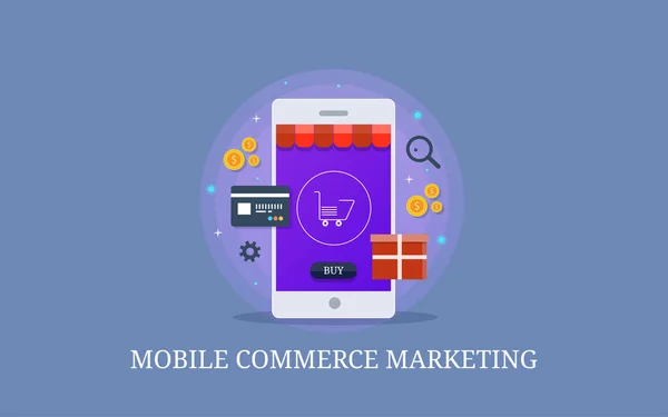 Mobiele Handel Commerce Marketing Shopping App Platte Ontwerp Vectorillustratie Met — Stockvector