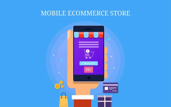 Tienda Comercio Electrónico Móvil Comercialización Comercio Electrónico Aplicación Compras Ilustración — Archivo Imágenes Vectoriales