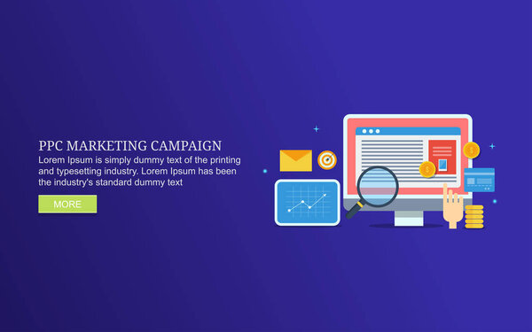 Flat design - PPC marketing campaign, Search engine marketing, pay per click conceptual banner with icons and texts